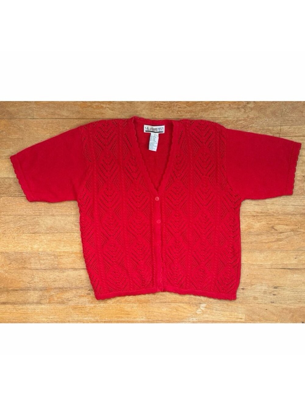 Vintage Crochet Knit Short Sleeve Cardigan Sweater Small/Medium 90s Red Eyelet